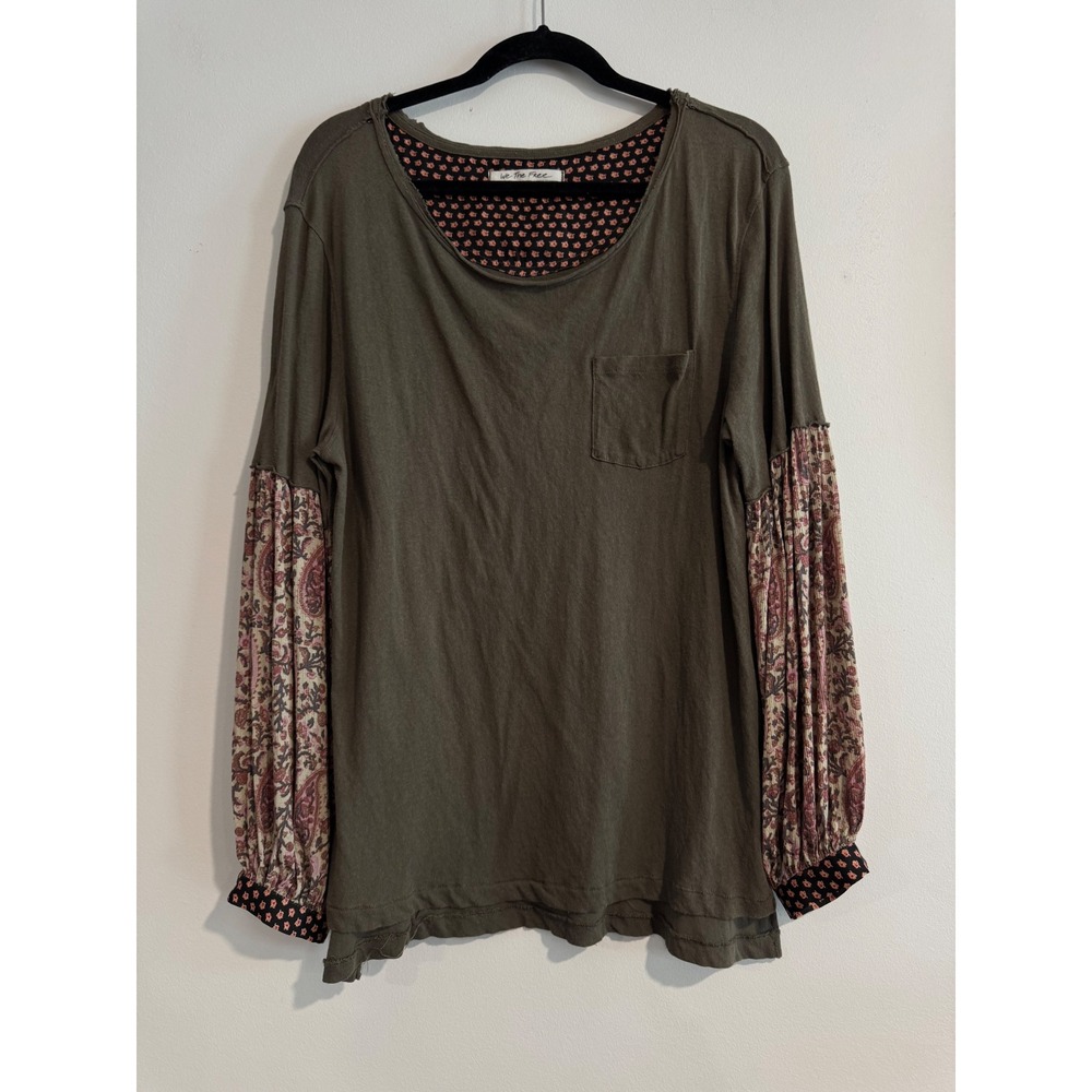 We The Free Paisley Mixed Media Top Womens XS Olive Green Balloon Sleeve
